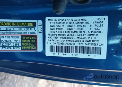 2014 Honda Civic Lx из США, поврежденный, VIN 2HGFG3B5XEH523918